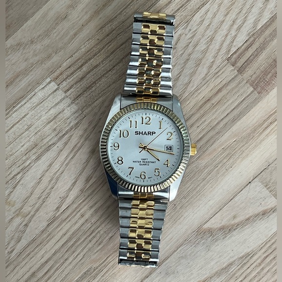 Sharp Men’s Watch Two Tone Stretch Bracelet White Dial Date Window - Picture 4 of 9